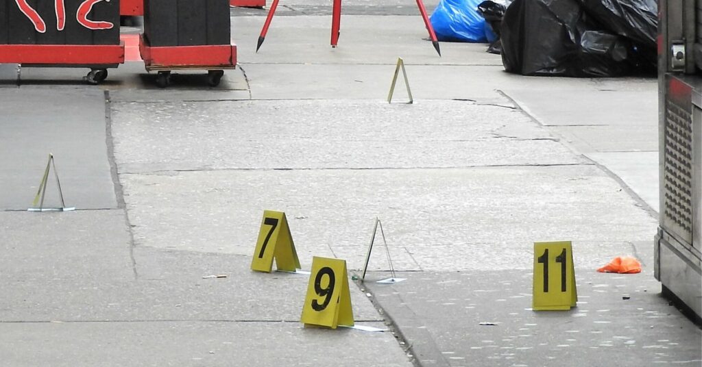 Numbered evidence markers at a crime scene